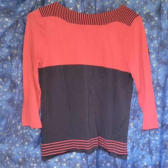 🍂3/$10 Notations Stretchy Red & Black Two-Tone 3/4 Sleeve Boat-Neck Blouse - Picture 5 of 8